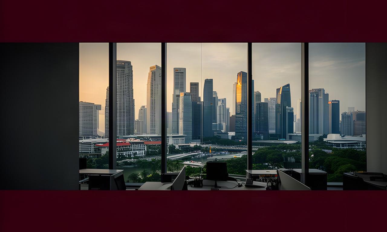 Singapore business district skyline viewed through a modern office window